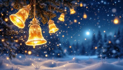 Warm golden bells illuminate a snowy winter night under twinkling lights. Generative AI