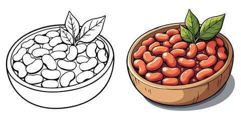 Baked Beans Line Art Vector Illustration Black and White with Coloring Sample. Bold and Easy Food, Fruits, Sweets, Drinks, Dessert, and Snacks Coloring Pages for Adults and Kids