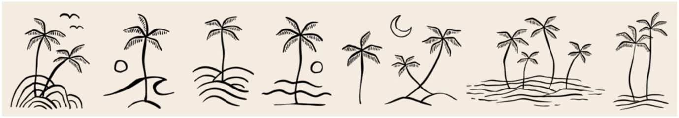 Vector hand drawn palms illustration, hippie boho palm tree surfer style doodle set  © Lisa