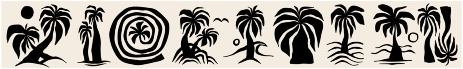 Vector hand drawn palms illustration, hippie boho palm tree surfer style doodle set
