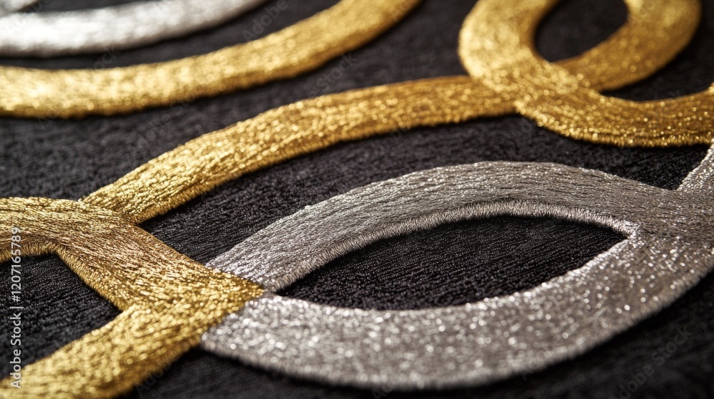 Poster a close-up of interwoven line patterns in metallic silver and gold, on a dark textured background, c
