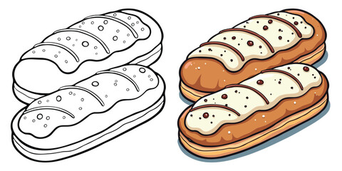 Éclair Line Art Vector Illustration Black and White with Coloring Sample. Bold and Easy Food, Fruits, Sweets, Drinks, Dessert, and Snacks Coloring Pages for Adults and Kids