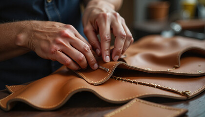 Obraz premium Focused hands stitching leather in workshop, craft repair