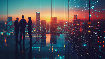 Obraz premium abstract professional business team people connection of line from nail node to node on Smart digital cityscap and skyline background , Innovation networking concept