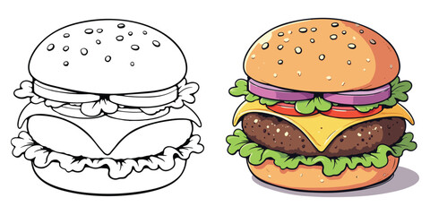 Hamburger Line Art Vector Illustration Black and White with Coloring Sample. Bold and Easy Food, Fruits, Sweets, Drinks, Dessert, and Snacks Coloring Pages for Adults and Kids