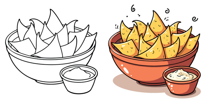 Nachos Chips Line Art Vector Illustration Black and White with Coloring Sample. Bold and Easy Food, Fruits, Sweets, Drinks, Dessert, and Snacks Coloring Pages for Adults and Kids