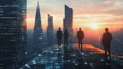 Fototapeta premium abstract professional business team people connection of line from nail node to node on Smart digital cityscap and skyline background , Innovation networking concept