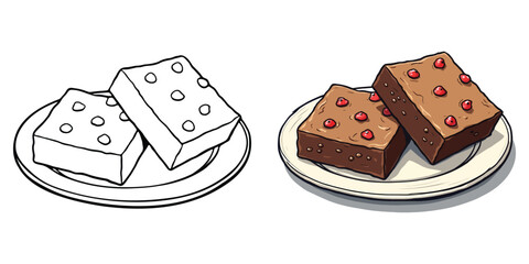 Brownies Line Art Vector Illustration Black and White with Coloring Sample. Bold and Easy Food, Fruits, Sweets, Drinks, Dessert, and Snacks Coloring Pages for Adults and Kids
