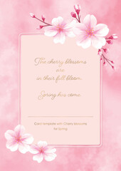 桜の花の春カードテンプレート・ピンクの水彩背景（ベクター）