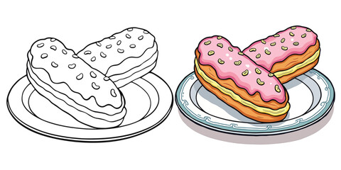 Éclair Line Art Vector Illustration Black and White with Coloring Sample. Bold and Easy Food, Fruits, Sweets, Drinks, Dessert, and Snacks Coloring Pages for Adults and Kids