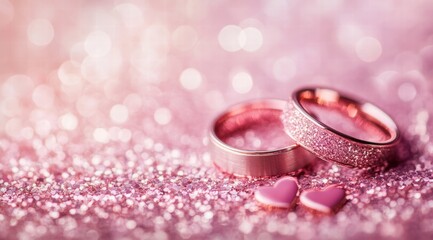 A pair of pink wedding rings on a sparkling glitter background