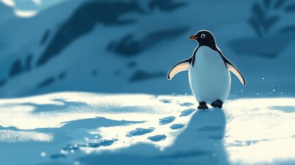 Fototapeta premium penguin walking confidently across an icy terrain, leaving a trail of tiny footprints behind it.