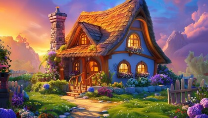 Naklejka premium A quaint cottage with a thatched roof, surrounded by lush greenery and vibrant flowers, nestled amidst rolling hills under a breathtaking sunset sky.