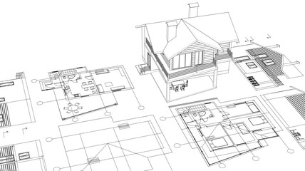 house architectural project sketch 3d illustration	