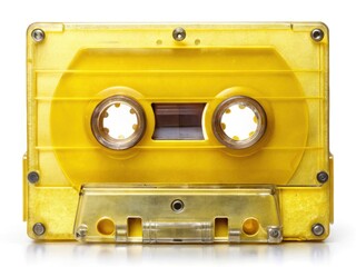 Obraz premium Close-up of a retro yellow cassette tape; a nostalgic reminder of 80s and 90s music.