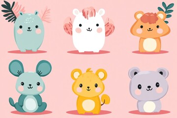 Kawaii-style animals in pastel colors, each one exuding cuteness and charm in a soft and gentle setting.