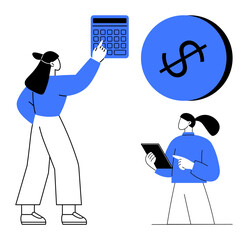 Two people interacting with a large calculator and a tablet, and a dollar sign, representing financial planning and budgeting. Ideal for accounting, finance, savings, investment, expense tracking
