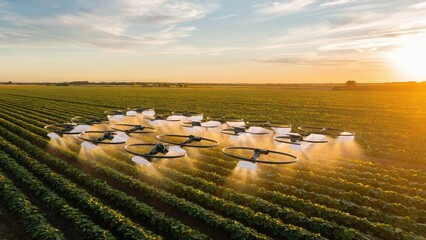  A drone spraying water on plants in a field, showcasing the use of modern technology in agriculture for efficient irrigation. Ideal for farming technology promotions, environmental sustainability ads