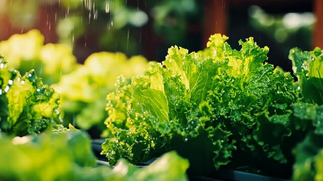 Bunch of green lettuce is growing in a pot. The leaves are large and green. The lettuce is growing in a sunny spot