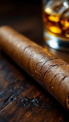 Enjoying a rich cigar with a glass of whiskey on a rustic wooden table during the evening. Generative AI