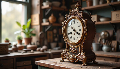 Antique clock showcasing repair process in vintage shop, craftsmanship