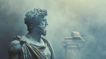 Marcus aurelius  a confident stance amidst atmospheric light and ancient greek ruins