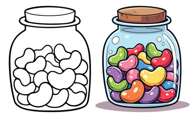 Jellybeans Line Art Vector Illustration Black and White with Coloring Sample. Bold and Easy Food, Fruits, Sweets, Drinks, Dessert, and Snacks Coloring Pages for Adults and Kids