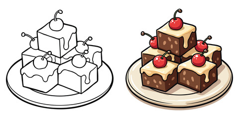 Fudge Line Art Vector Illustration Black and White with Coloring Sample. Bold and Easy Food, Fruits, Sweets, Drinks, Dessert, and Snacks Coloring Pages for Adults and Kids