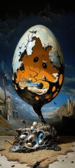 A large egg with an orange yolk and black spots, cracked in the center. Inside is chaos with ruins, trees growing from the bottom to the top, and a desert with some animals walking around.