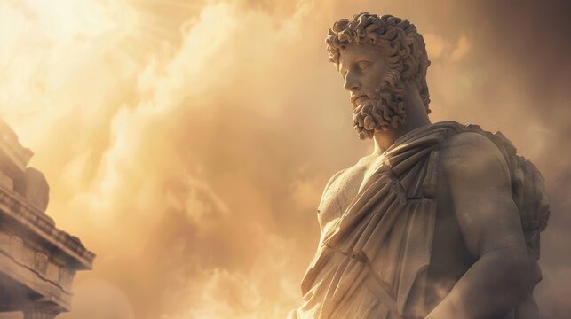 Marcus aurelius standing strong amidst blurred greek ruins under atmospheric smoky sky light