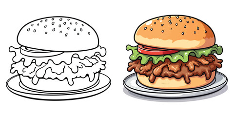 Sandwich and Burger Line Art Vector Illustration Black and White with Coloring Sample. Bold and Easy Food, Fruits, Sweets, Drinks, Dessert, and Snacks Coloring Pages for Adults and Kids