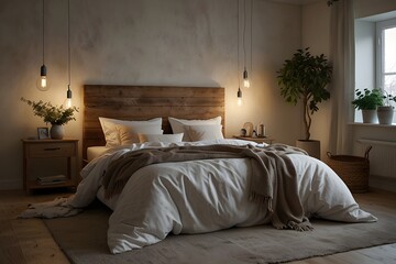Cozy bedroom interior with soft lighting, a comfortable bed, and elegant decor in a windowless space. Interior design concept