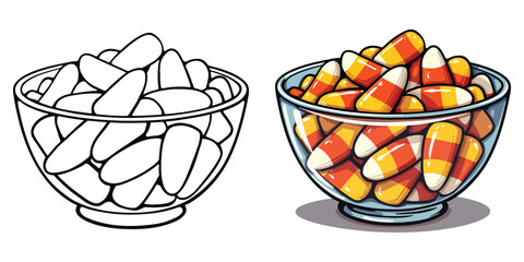 Candy Corn Line Art Vector Illustration Black and White with Coloring Sample. Bold and Easy Food, Fruits, Sweets, Drinks, Dessert, and Snacks Coloring Pages for Adults and Kids