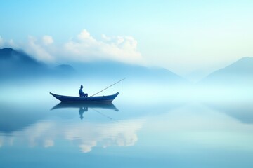 Calm morning fishing on a tranquil lake with misty mountains in the background