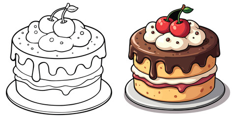 Chocolate Cake Line Art Vector Illustration Black and White with Coloring Sample. Bold and Easy Food, Fruits, Sweets, Drinks, Dessert, and Snacks Coloring Pages for Adults and Kids