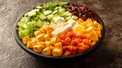 A colorful composition of a noodle bowl with a variety of toppings, including tofu, boiled eggs, and sliced vegetables, presented on a textured table
