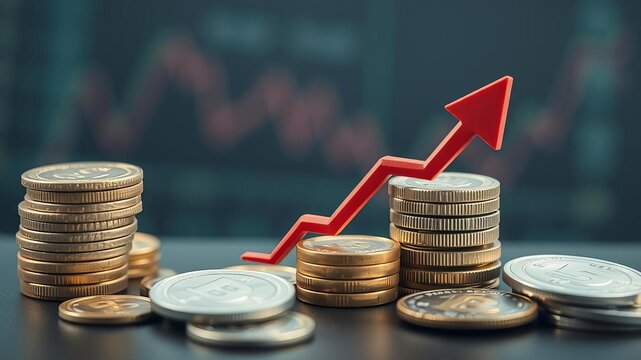 Coins stacked with decreasing height, red down arrow representing economic recession, GDP wording in background, growth, decline
