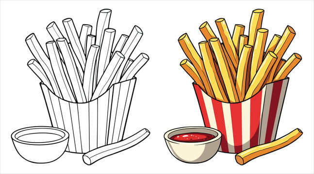 French Fries Line Art Vector Illustration Black and White with Coloring Sample. Bold and Easy Food, Fruits, Sweets, Drinks, Dessert, and Snacks Coloring Pages for Adults and Kids