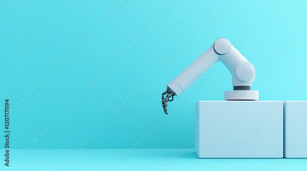 Poster Robotic Arm on Blue Background with Cubes for Automation Technology Concept
