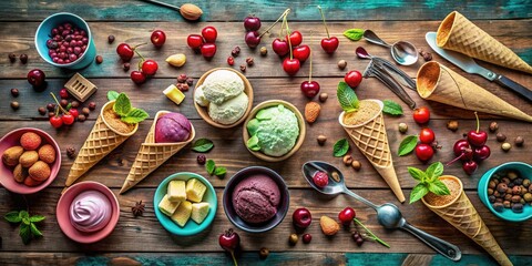Fototapeta premium Delicious ice cream awaits! Wooden table flat lay with ample space for text. Perfect summer promotion.