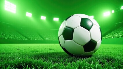 Soccer ball resting on lush green field in illuminated stadium