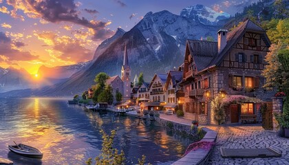 Fototapeta premium A picturesque village nestled between snow-capped mountains and a tranquil lake, bathed in the warm glow of a setting sun.
