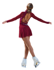 Rear view of figure skater performing on ice with arms extended. Girl dressed in deep red costume, isolated on transparent background. Concept of professional sport, performance