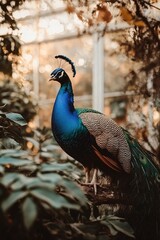 Majestic Peacock in Tranquil Garden Setting A Stunning Avian Portrait