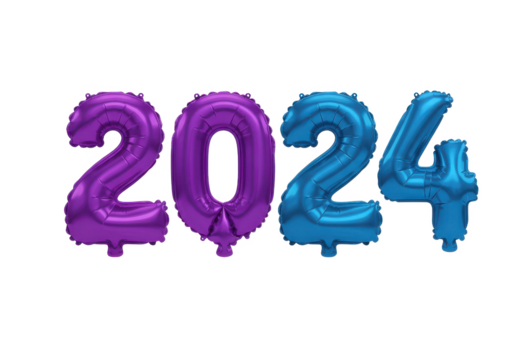 Four metallic gradient balloons forming the numbers "2024," in shades of purple and blue, isolated on a white background