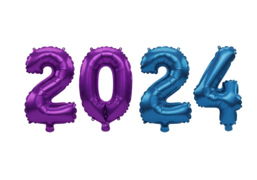 Four metallic gradient balloons forming the numbers "2024," in shades of purple and blue, isolated on a white background