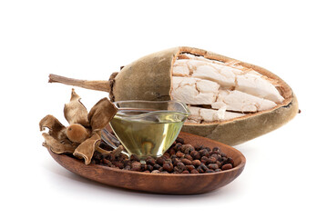 Dried baobab fruit ,seeds and oil isolated on white background.