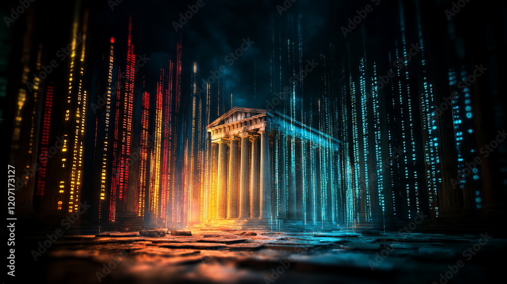 Poster Illuminated Ancient Temple with Digital Data Streams and Abstract Colors