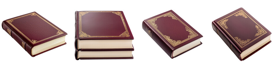 Stack of vintage leather bound books with ornate covers and patterns displayed on a wooden table  The collection represents classic literature academic studies and publications