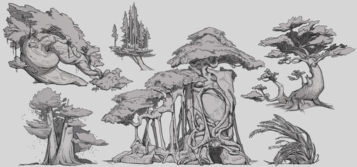 A beautiful set of various fantasy tree concept design sketches.
